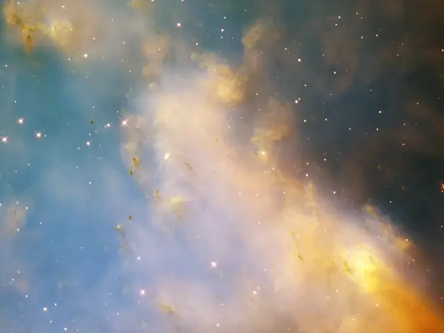 Cluds of dust and gas in shads of blue, yellow and dark brown that make up a protion of the Dumbbell Nebula