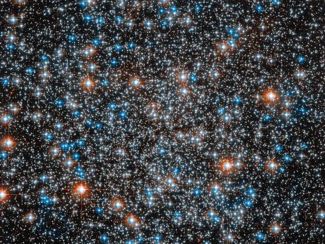 Field is filled with white stars, smattered with blue-white and reddish-orange stars. Stars are concentrated at the center of the image. All are on a black background.