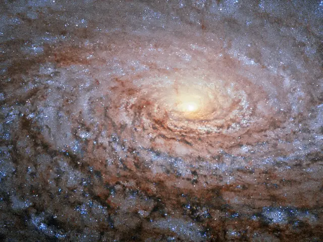 A spiral galaxy with a glowing yellow center. Its spiral arms are full of dark reddish-brown lanes of dust and faint purple stars.